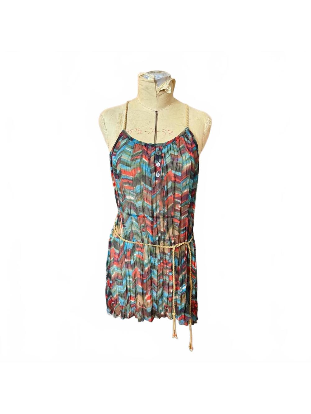 Daytrip Multicolor Chevron Print Pleated Mini Dress with Rope Belt